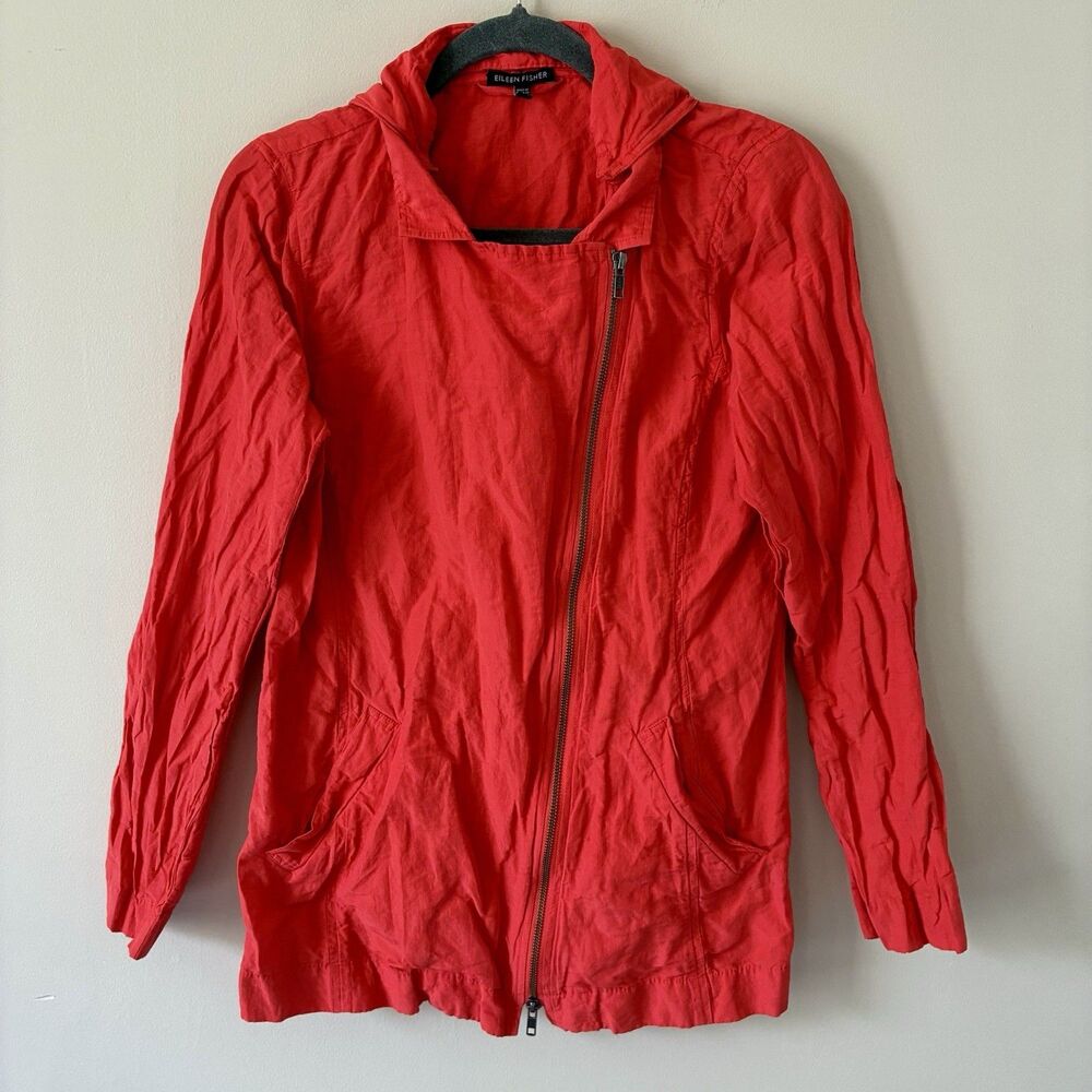 EILEEN FISHER Orange Red Lory Rumpled Cotton Steel Hooded Jacket Small Lagenlook